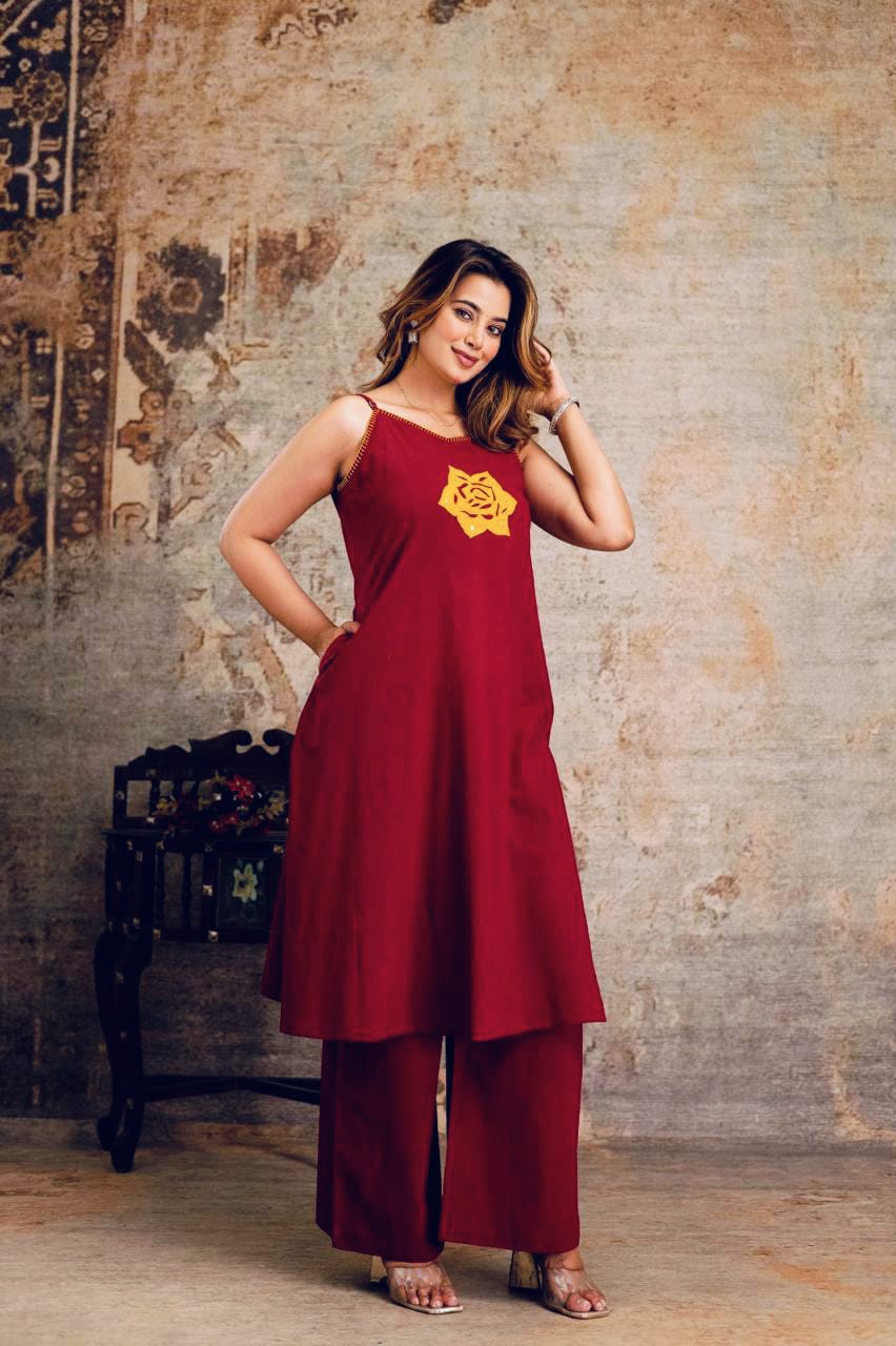 Elegant Dark Maroon A-line Cotton Spaghetti Kurti Set.