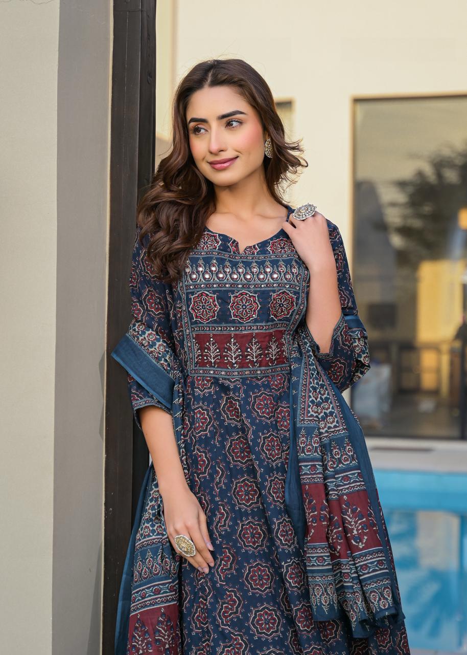Premium Cotton Ajrakh Kurti Set With Hand Work Highlights.