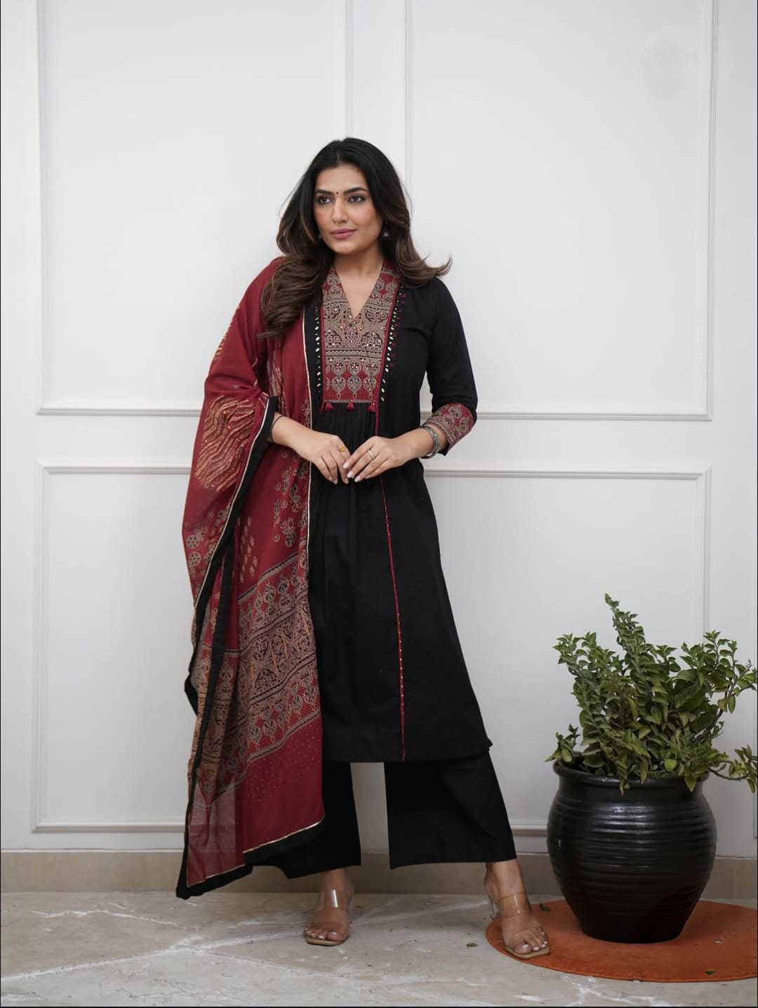 Elegant Block Printed Suit In Black