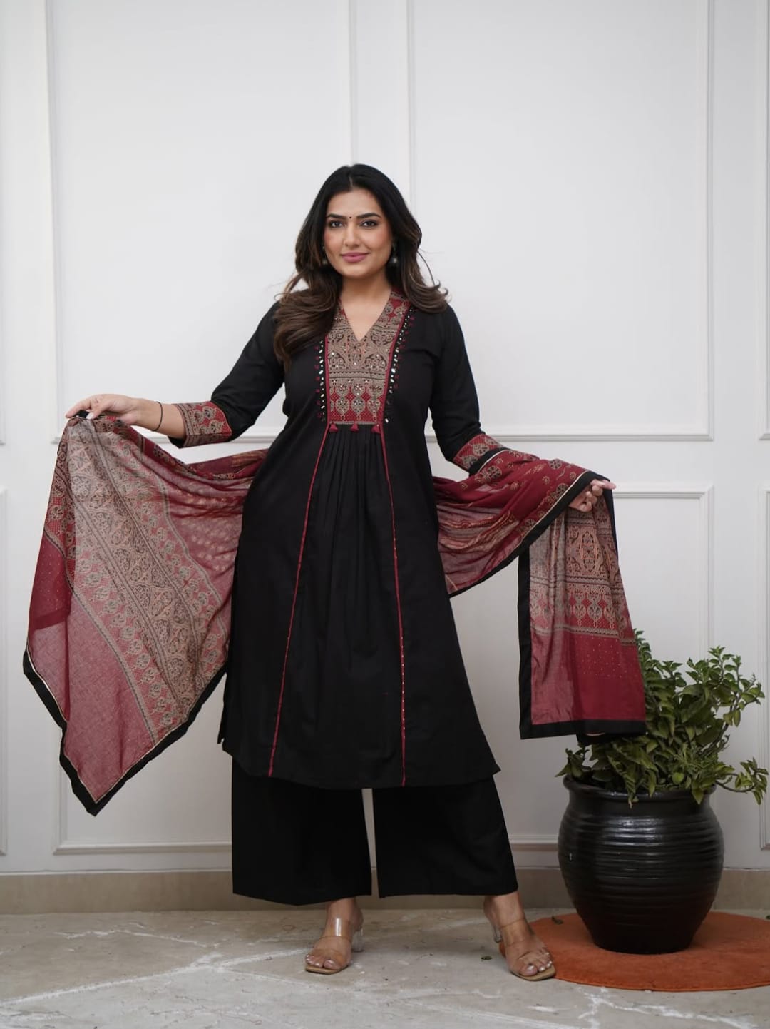 Elegant Block Printed Suit In Black
