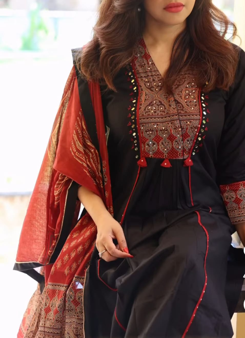 Elegant Block Printed Suit In Black