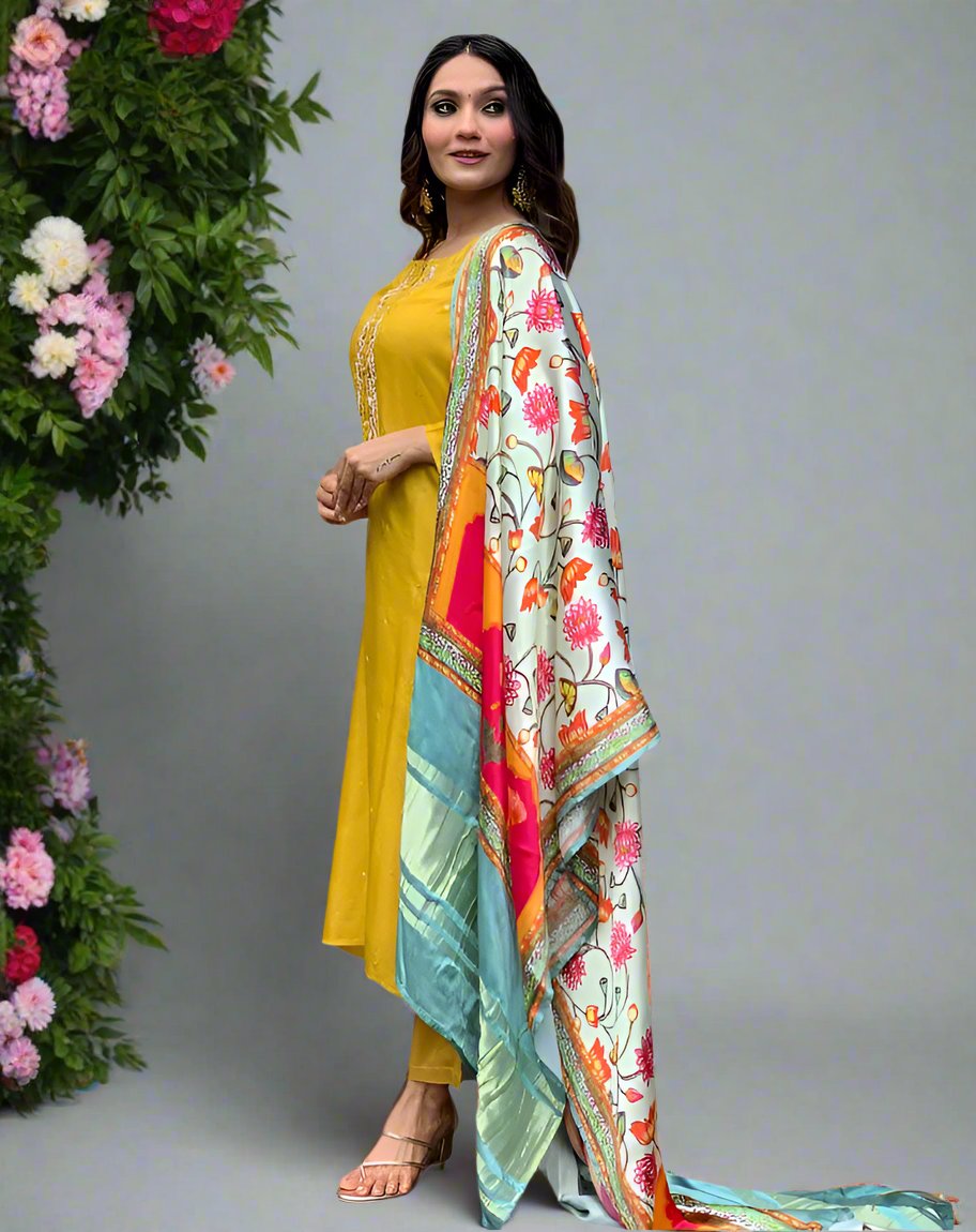 Yellow Sequins Work Russian Silk Suit along with Beautiful Gajji Silk Dupatta