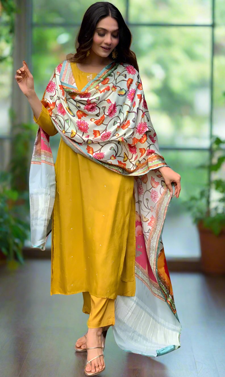 Yellow Sequins Work Russian Silk Suit along with Beautiful Gajji Silk Dupatta