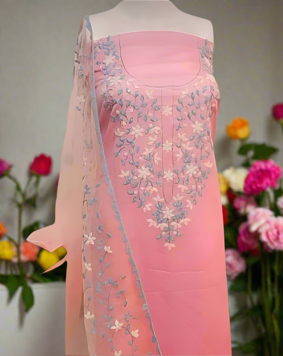 Cotton Phool Patti Applique Work Ready to Stich Material with Dupatta