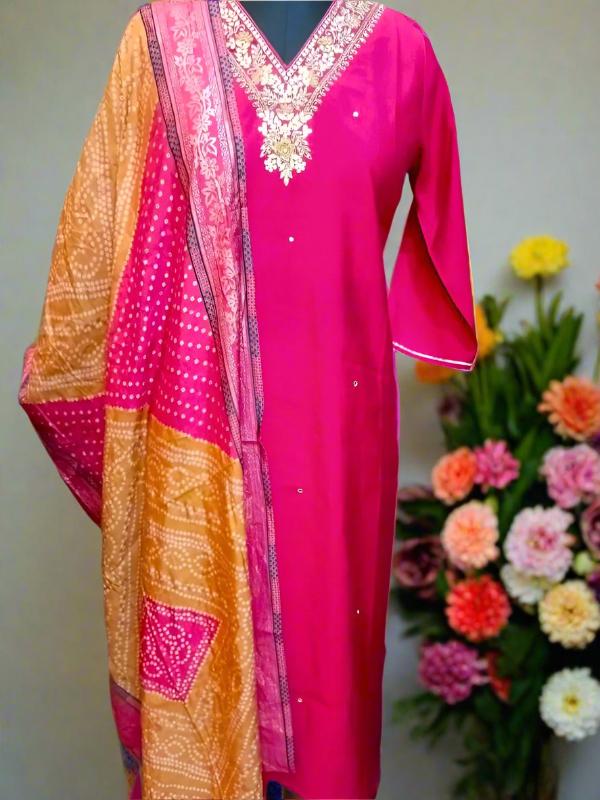 Beautifully Hand worked Premium Muslin Rani Pink Suit
