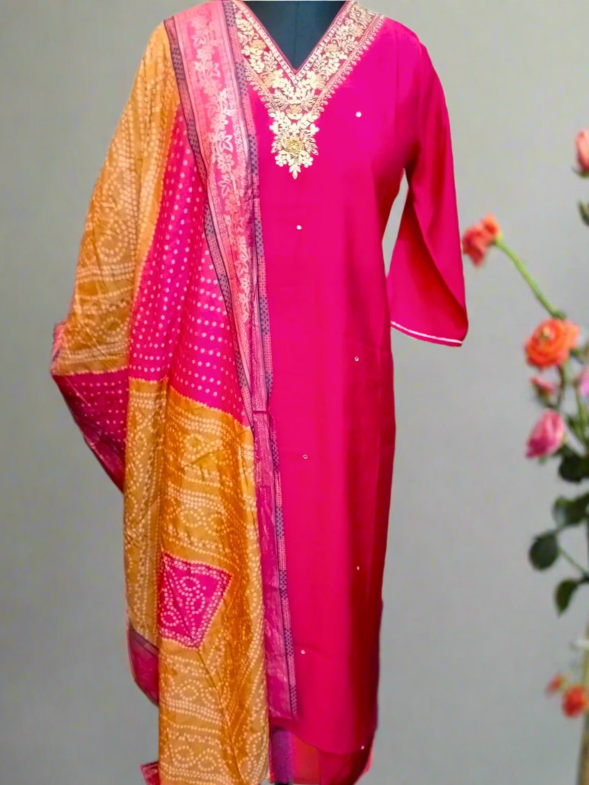 Beautifully Hand worked Premium Muslin Rani Pink Suit