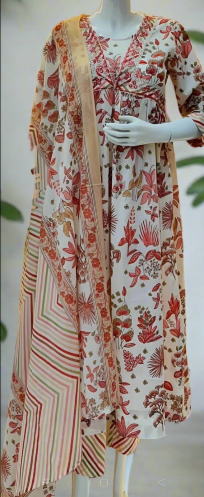 Red and White Printed Anarkali Set