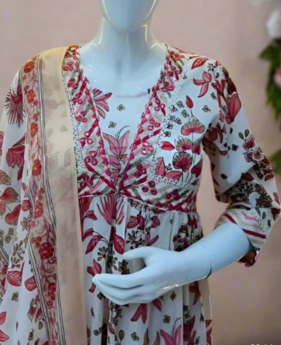 Red and White Printed Anarkali Set