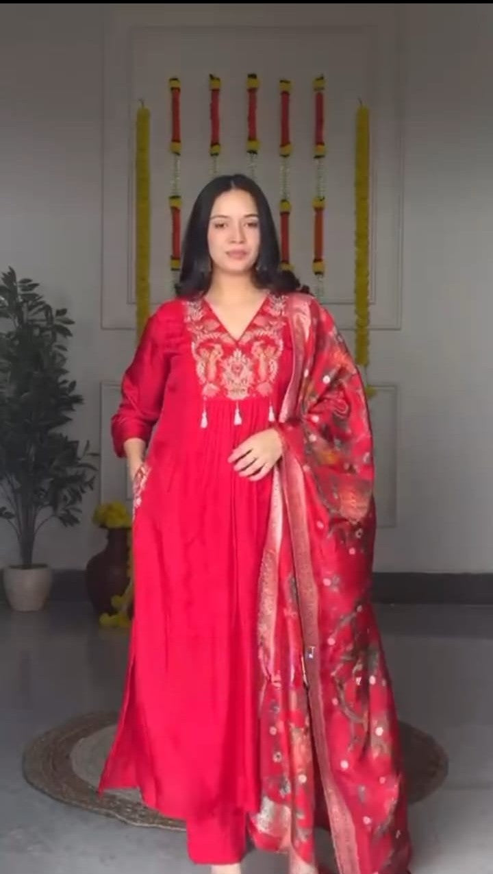 Beautiful Red Embroidered Scarlet Peacock Dola Silk Kurta Suit Set