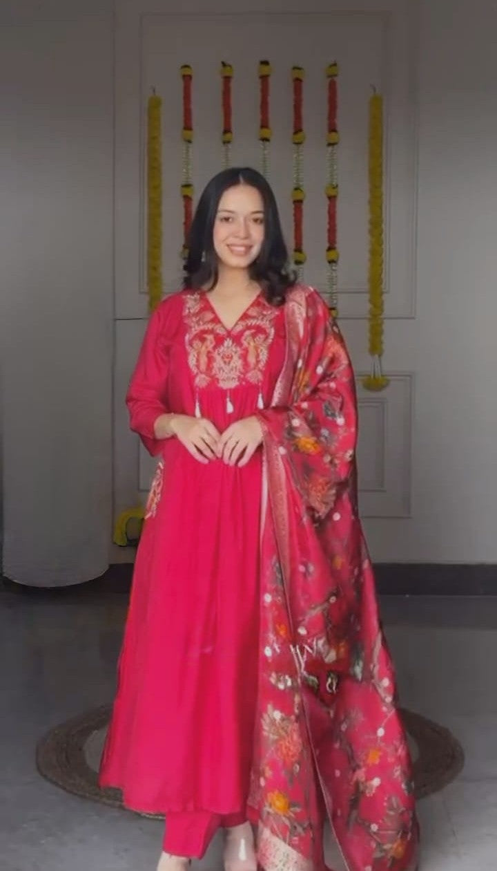 Beautiful Red Embroidered Scarlet Peacock Dola Silk Kurta Suit Set
