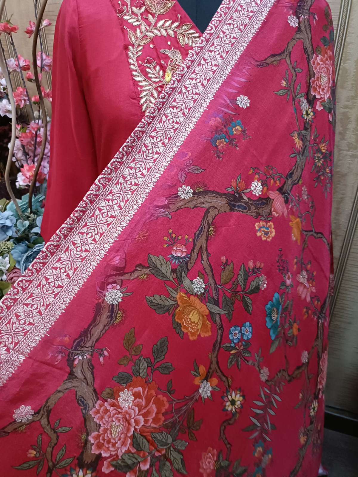 Beautiful Red Embroidered Scarlet Peacock Dola Silk Kurta Suit Set