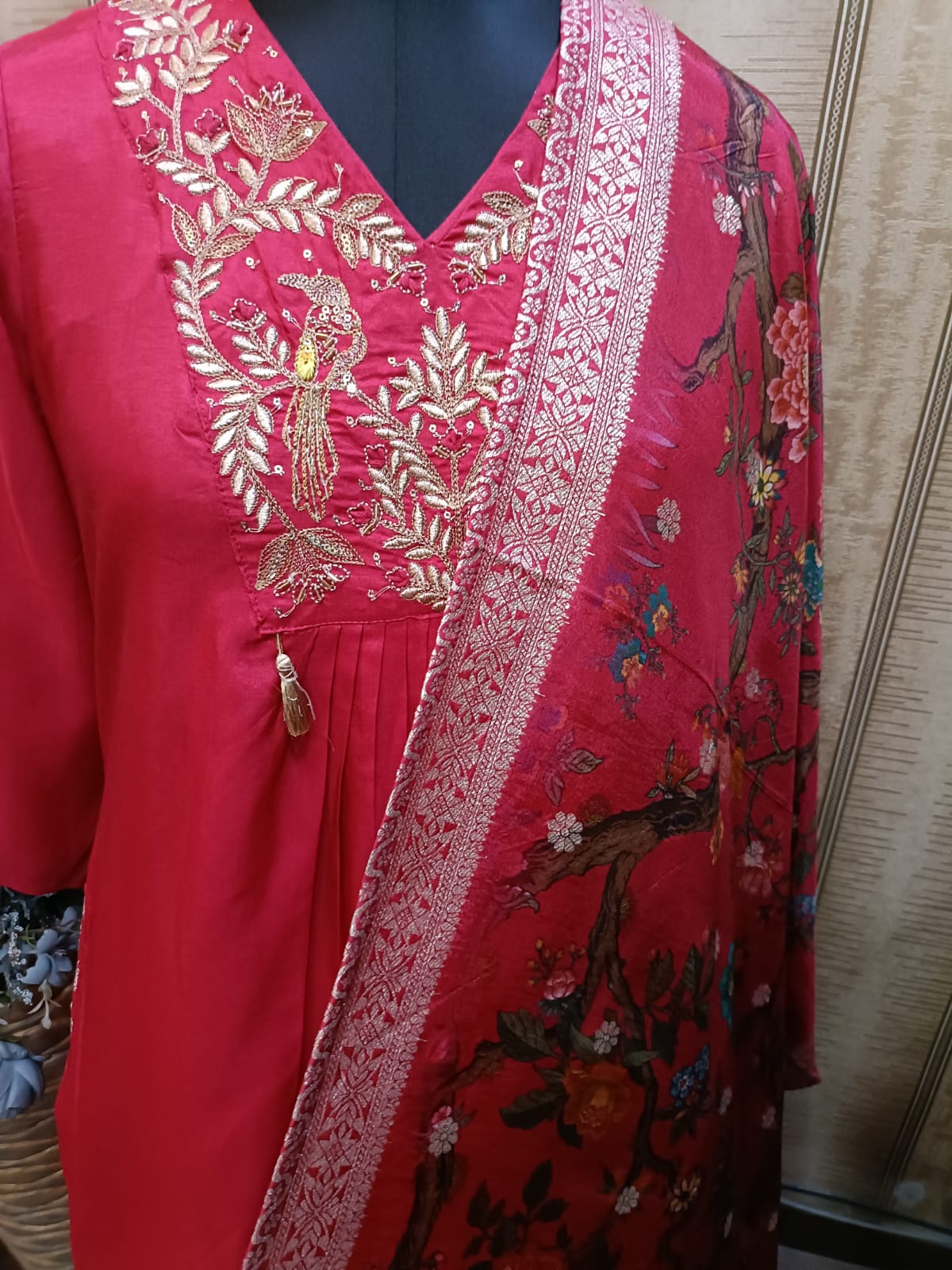 Beautiful Red Embroidered Scarlet Peacock Dola Silk Kurta Suit Set