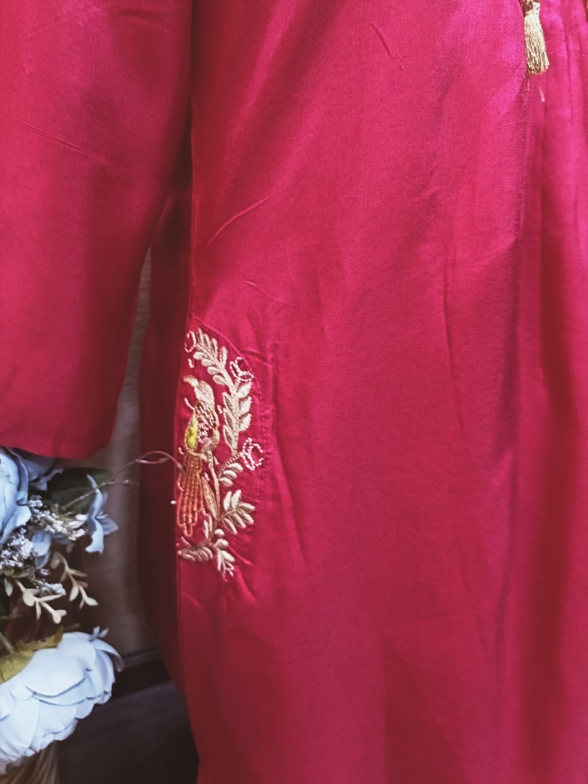 Beautiful Red Embroidered Scarlet Peacock Dola Silk Kurta Suit Set