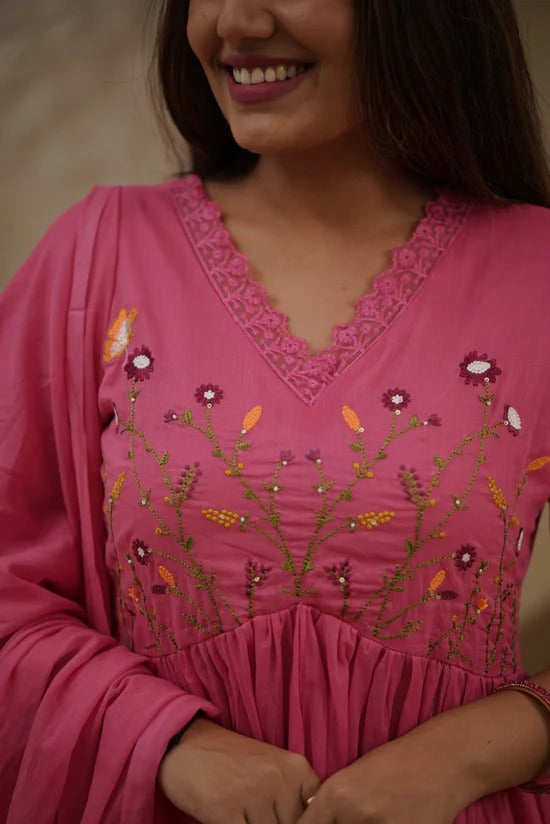 Mulmul Cotton Suit in Striking Pink( Salmon Coral)