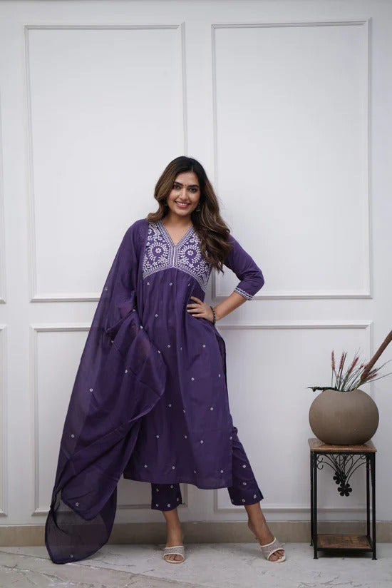 Exquisite Purple Cotton Embroidered Kurti Set