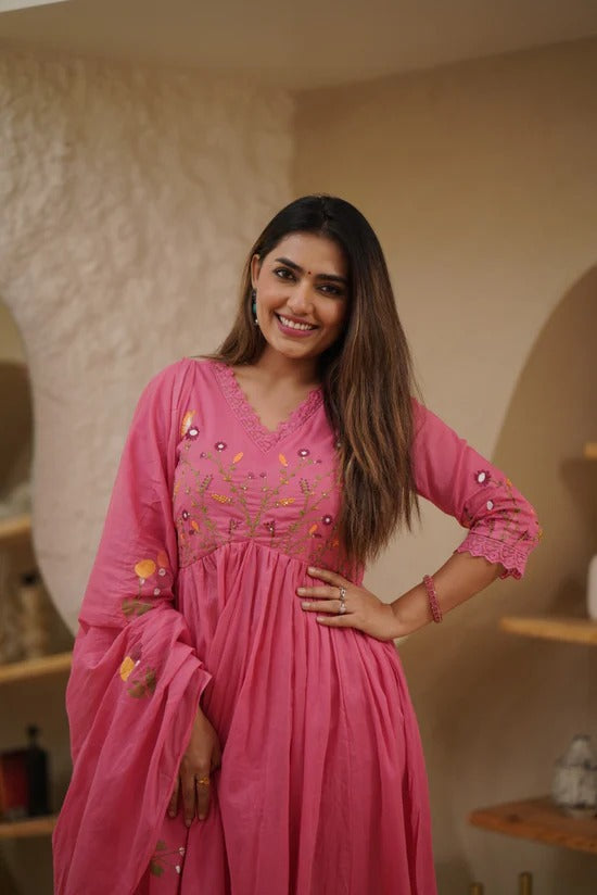 Mulmul Cotton Suit in Striking Pink( Salmon Coral)