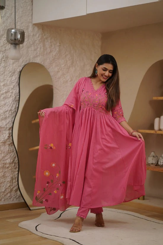Mulmul Cotton Suit in Striking Pink( Salmon Coral)