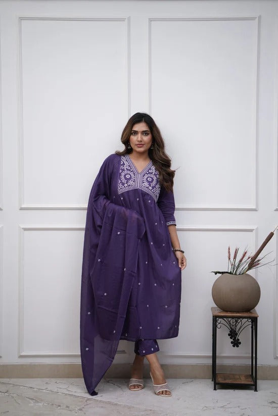 Exquisite Purple Cotton Embroidered Kurti Set