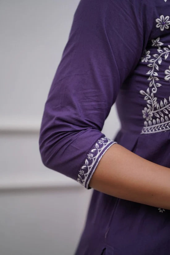 Exquisite Purple Cotton Embroidered Kurti Set