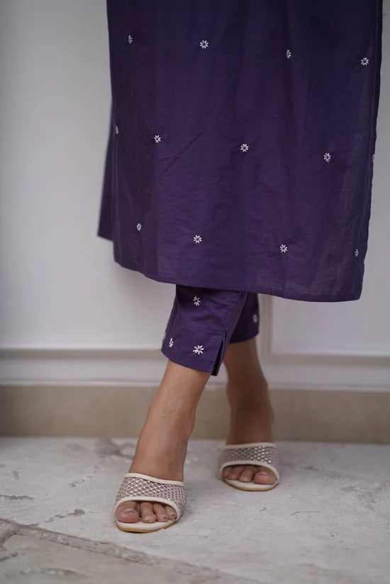 Exquisite Purple Cotton Embroidered Kurti Set