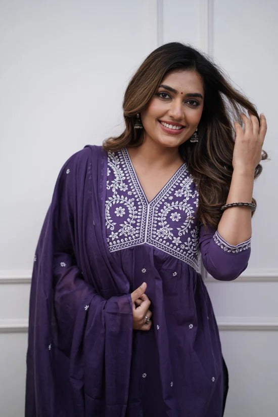 Exquisite Purple Cotton Embroidered Kurti Set