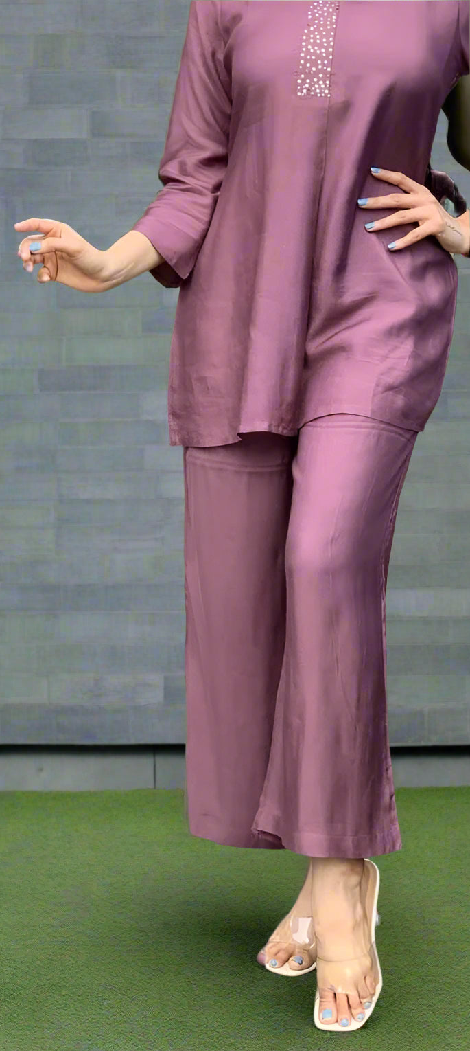 Stylish Muslin Silk, A-Line Style Co-ord Set in Mauve