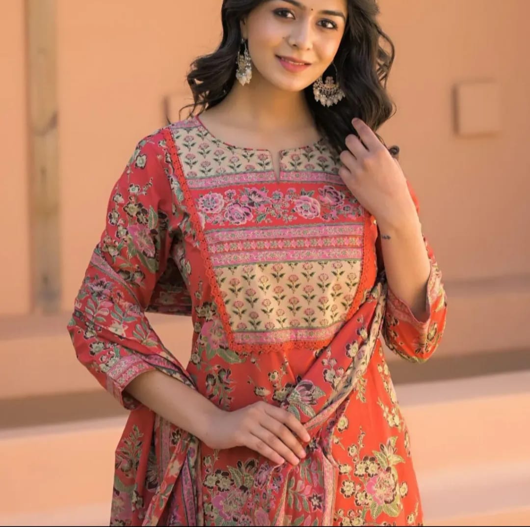 Stunning A-Line Designer Suit in Red with floral Jaal Print