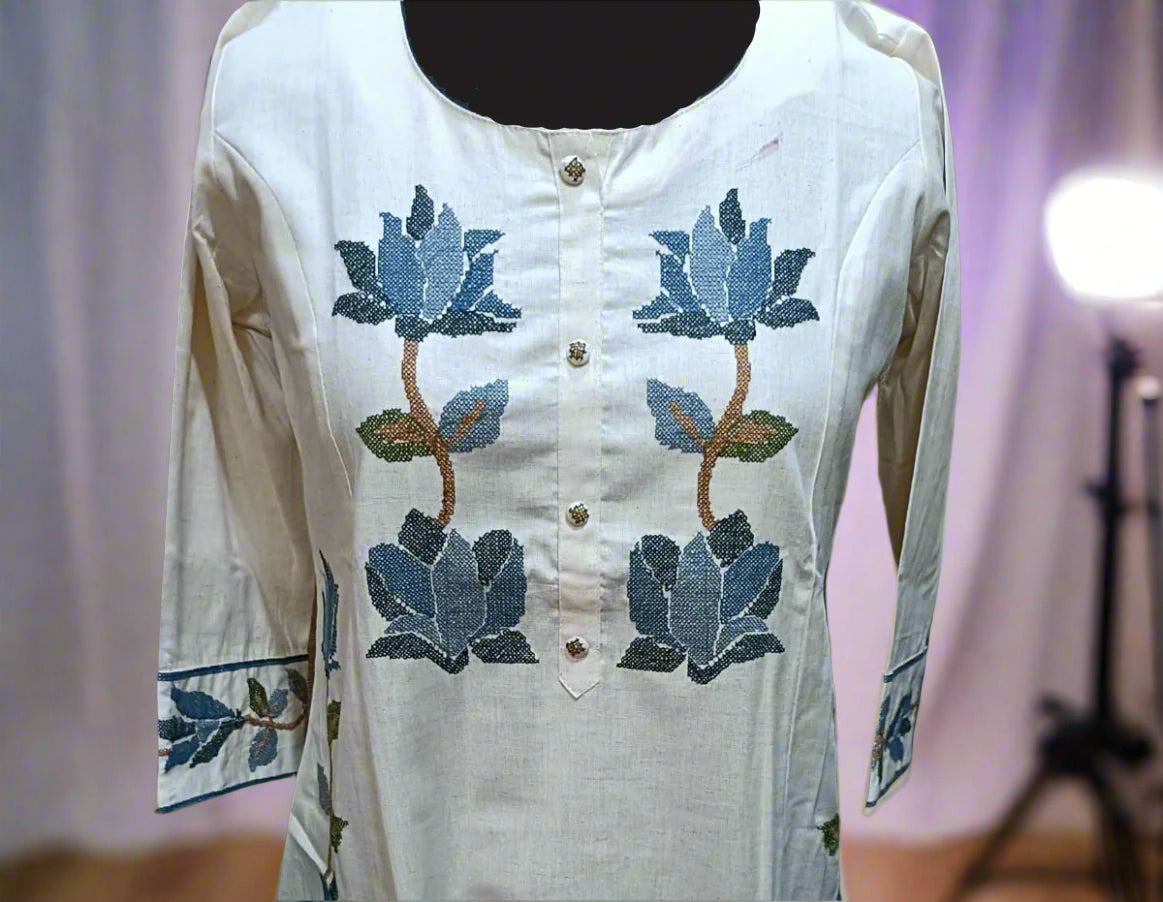 Elegant Floral Threadwork Design White Premium South Cotton Suit Set