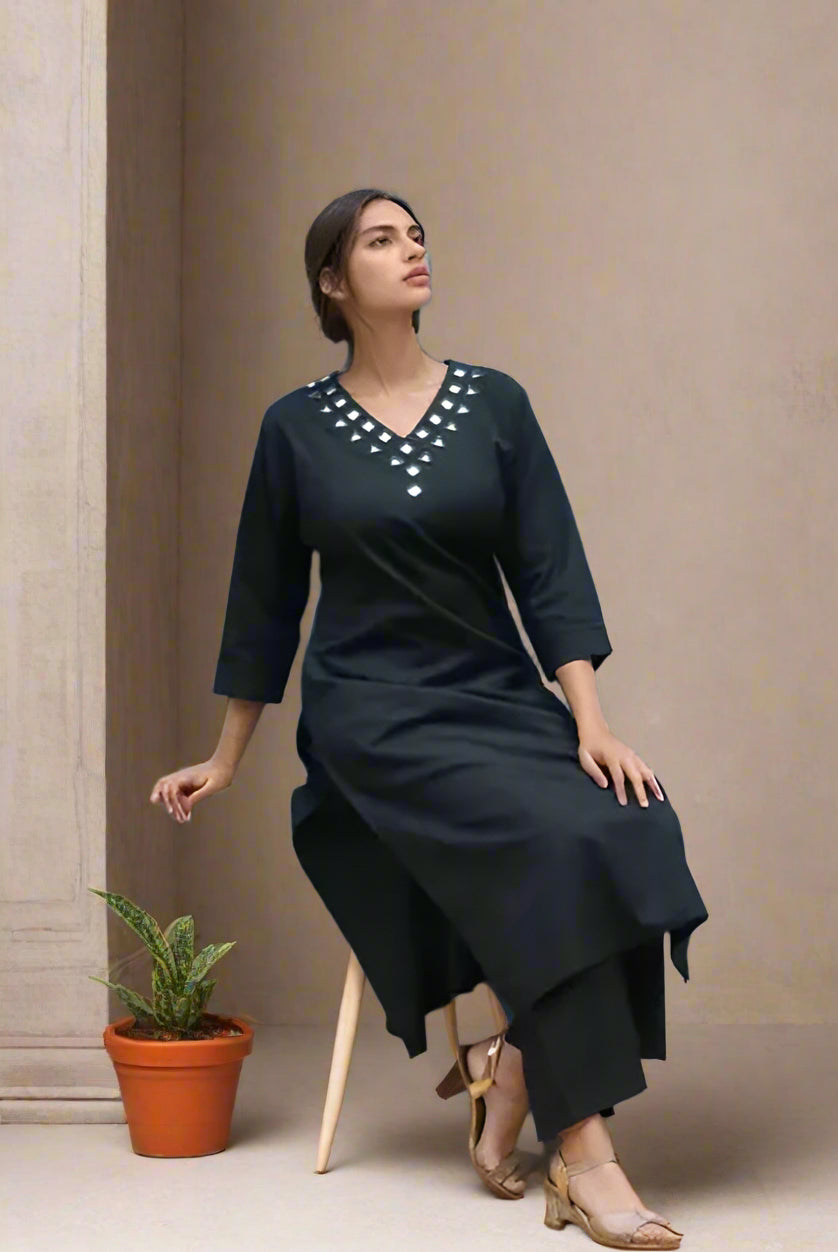 Elegant Cotton Flex Kurti Pant Set in Black With Mirror Work On The Yoke