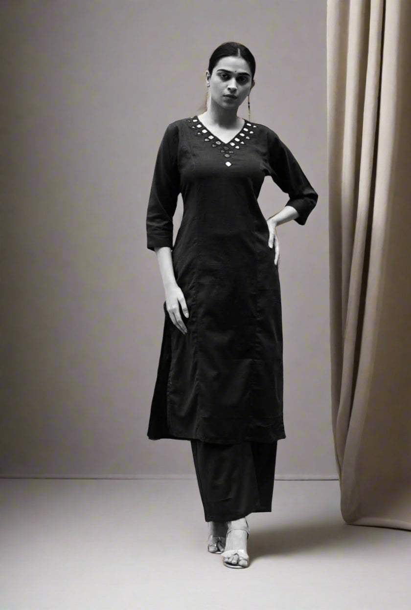 Elegant Cotton Flex Kurti Pant Set in Black With Mirror Work On The Yoke