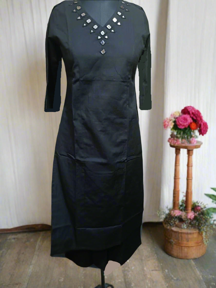 Elegant Cotton Flex Kurti Pant Set in Black With Mirror Work On The Yoke