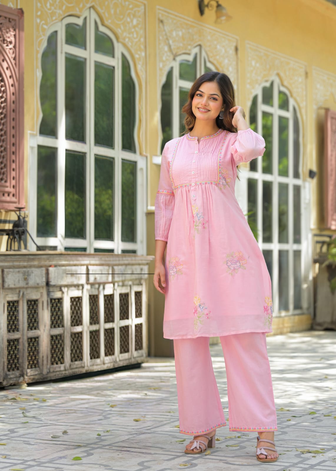 Elegant Mul Cotton A-Line Kurta Set in Pink