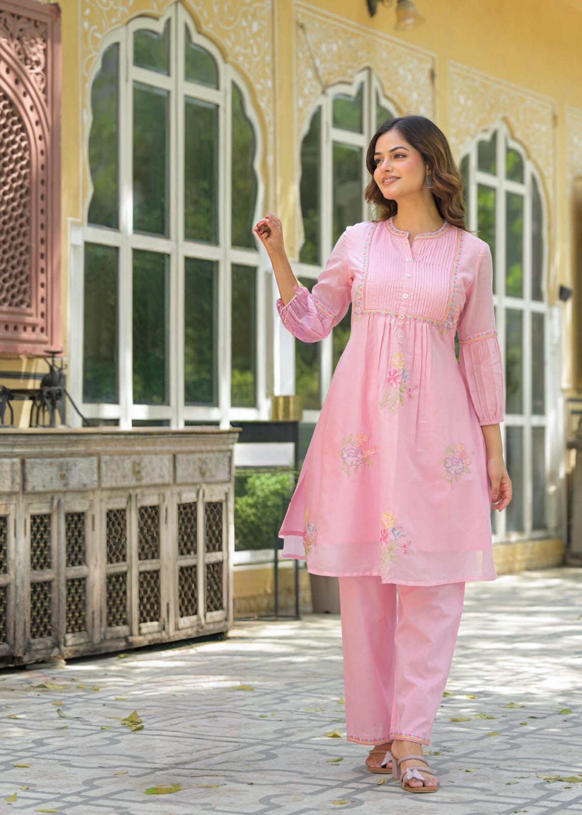Elegant Mul Cotton A-Line Kurta Set in Pink