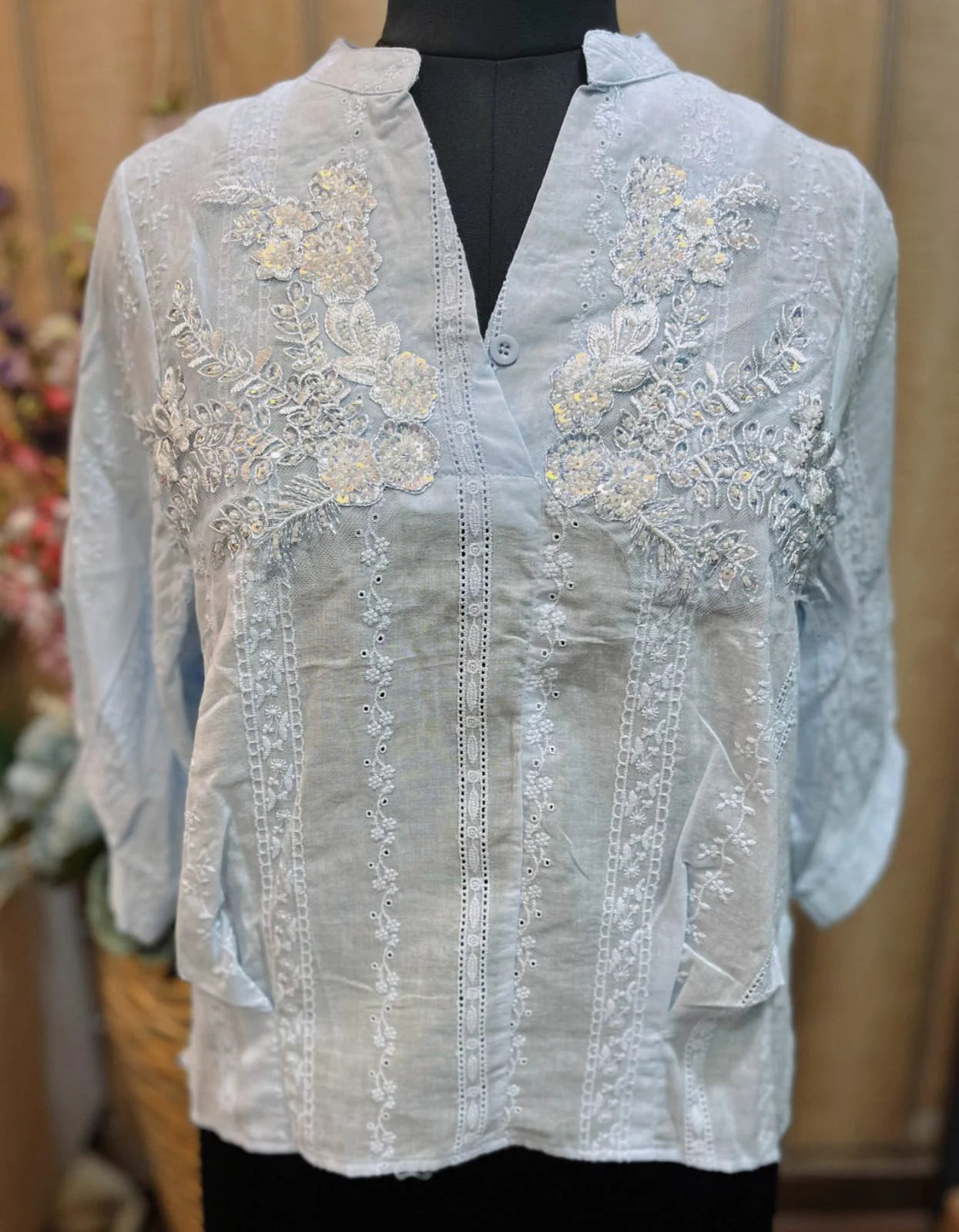 Pastel Blue Top With Embroidery And Sequin Details