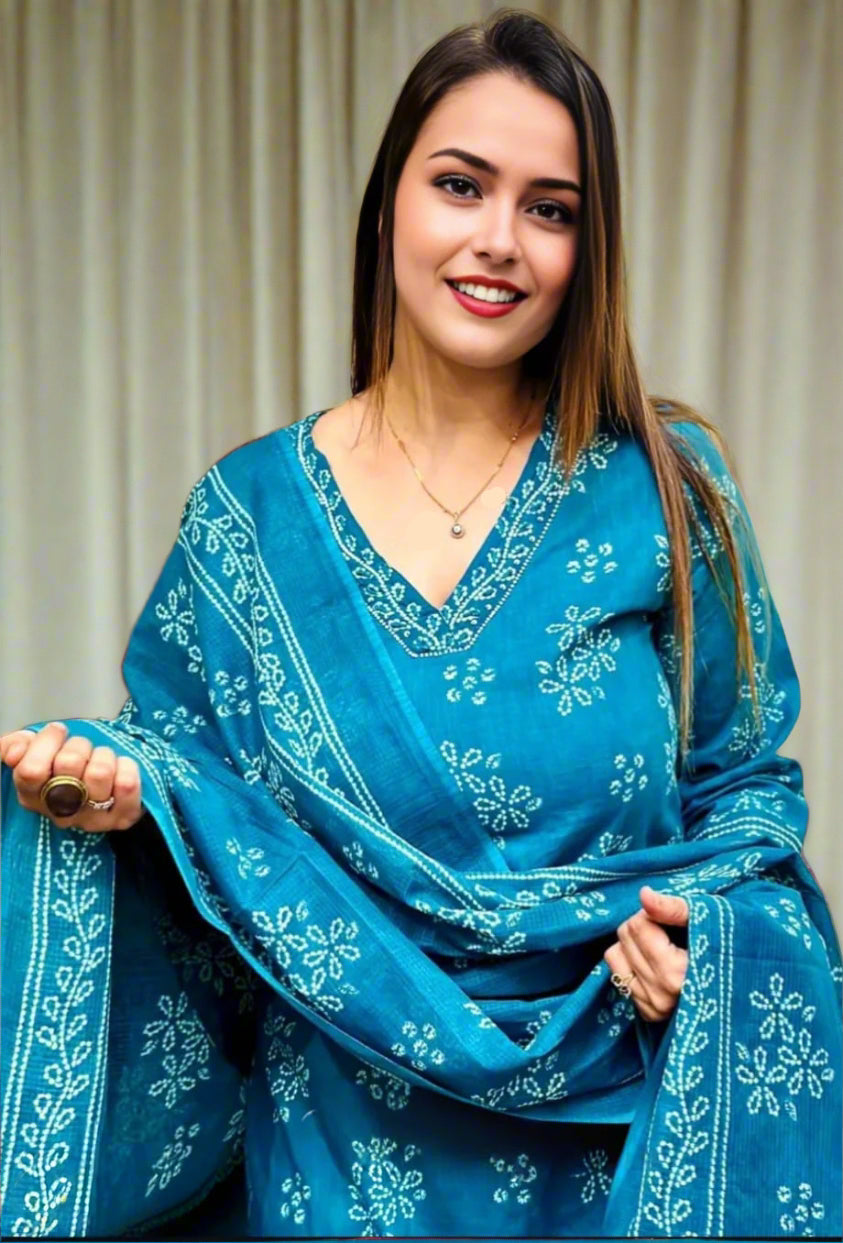 Bandhej Print Premium Cotton Suit Set in Aqua Blue