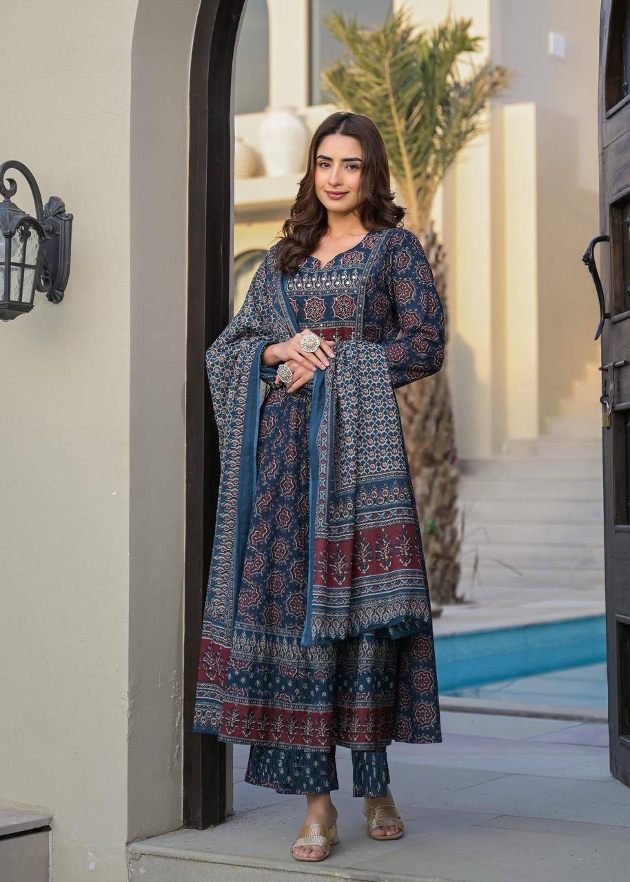Premium Cotton Ajrakh Kurti Set With Hand Work Highlights.