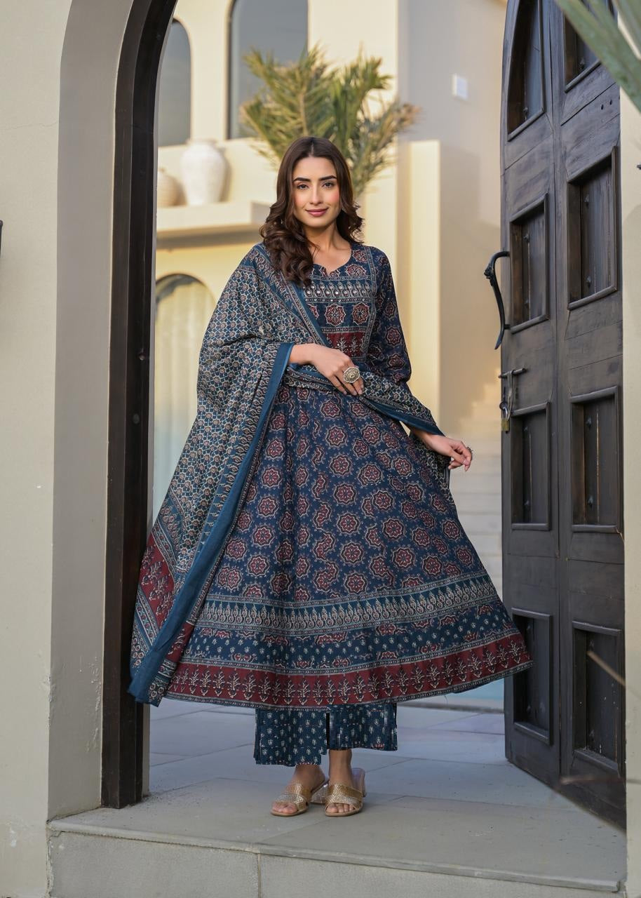 Premium Cotton Ajrakh Kurti Set With Hand Work Highlights.