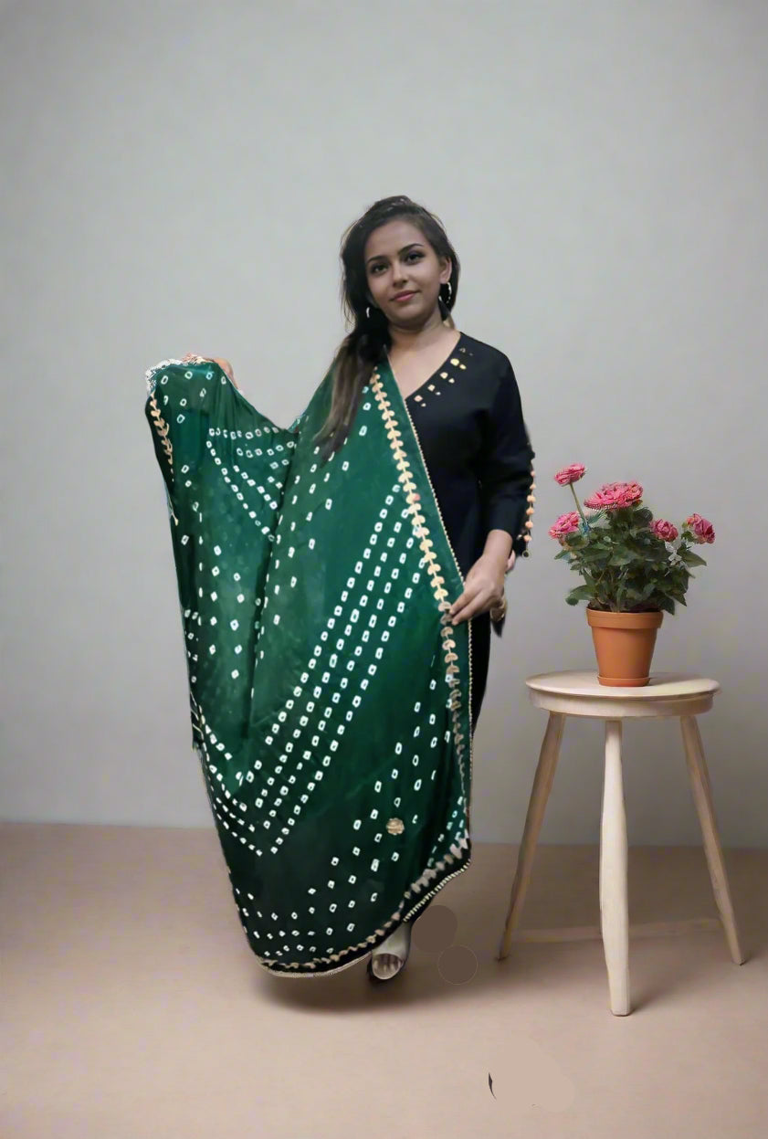 Elegant Mirror Work Cotton Flex Kurti Pant Set in Black Paired With Green Silk Bandhani Dupatta