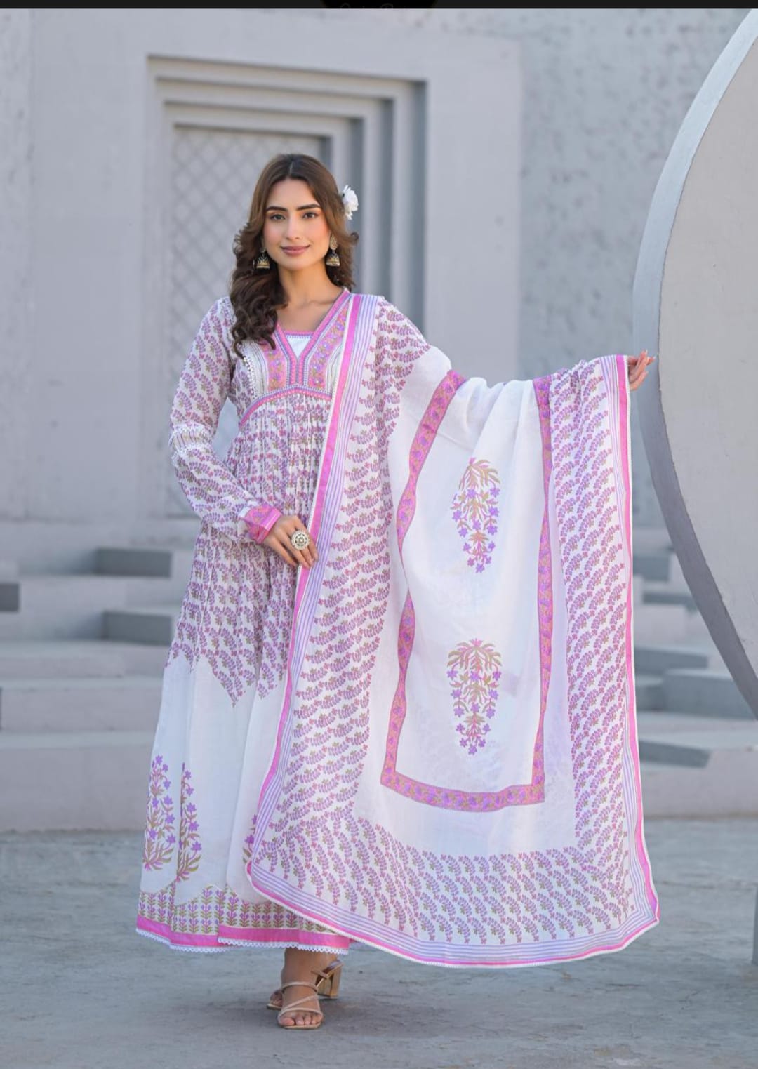 Elegant Designer Premium Mul Cotton Long A-Line Gown with Dupatta.
