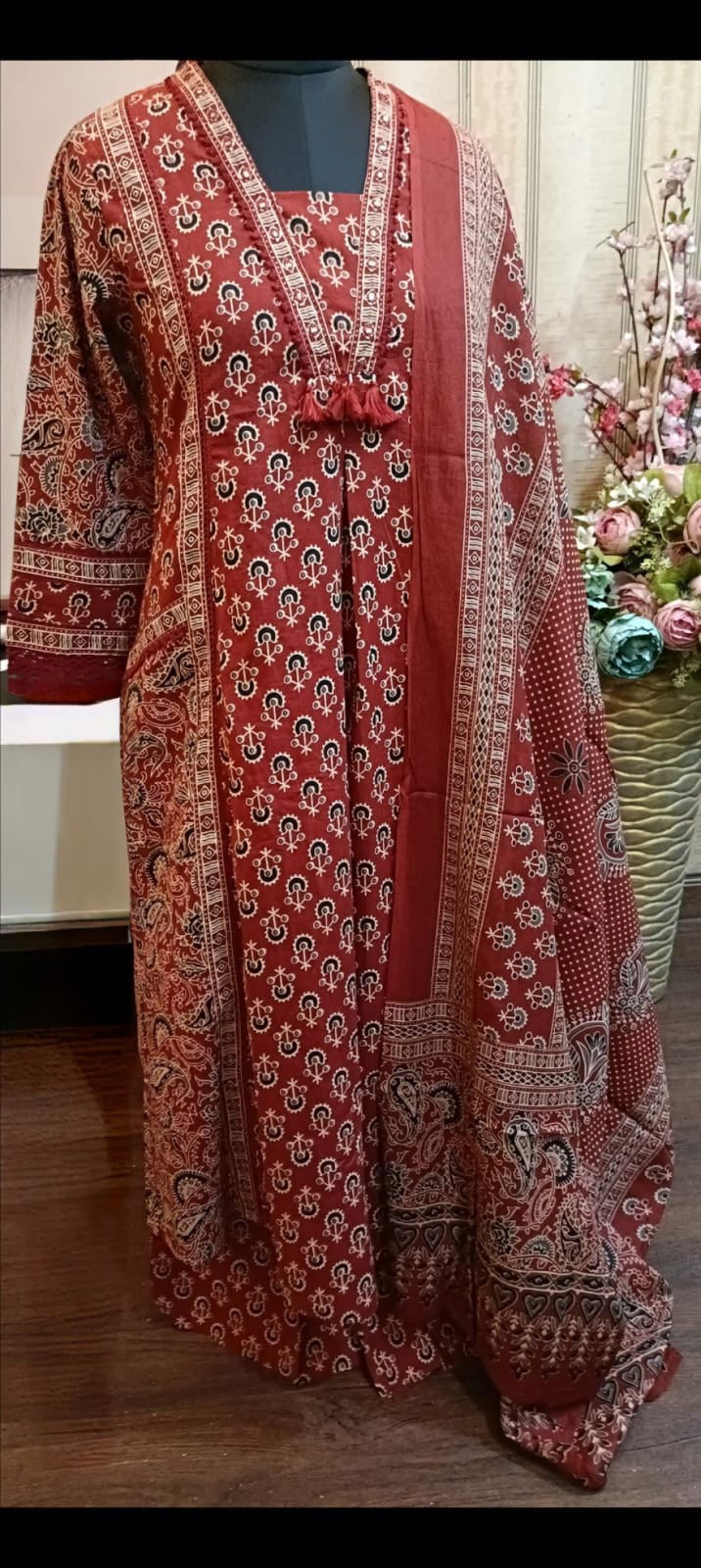 Ajrakh Print Suit Set In Red