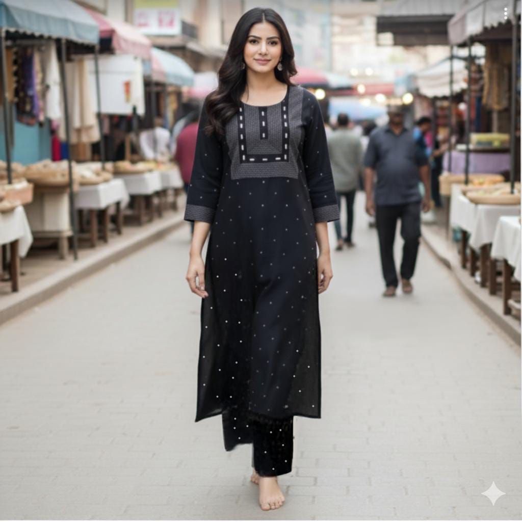 Elegant Black A-Line Kurta- Palazzo Set With White Handloom Thread Embroidery And Mirror Work.