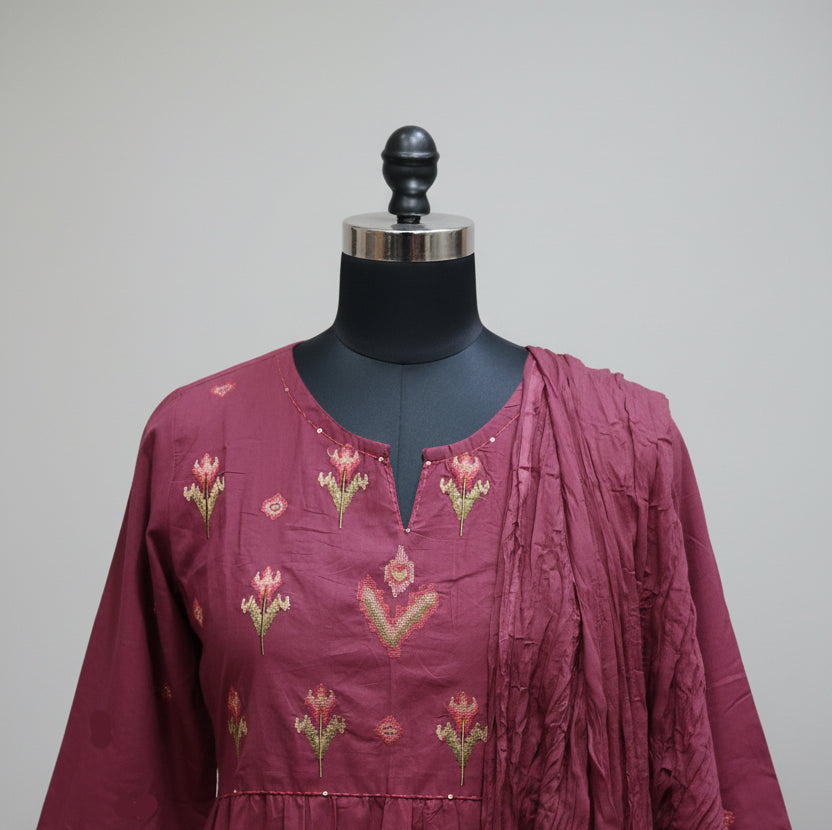 Elegant Maroon Three-piece Ethnic Set