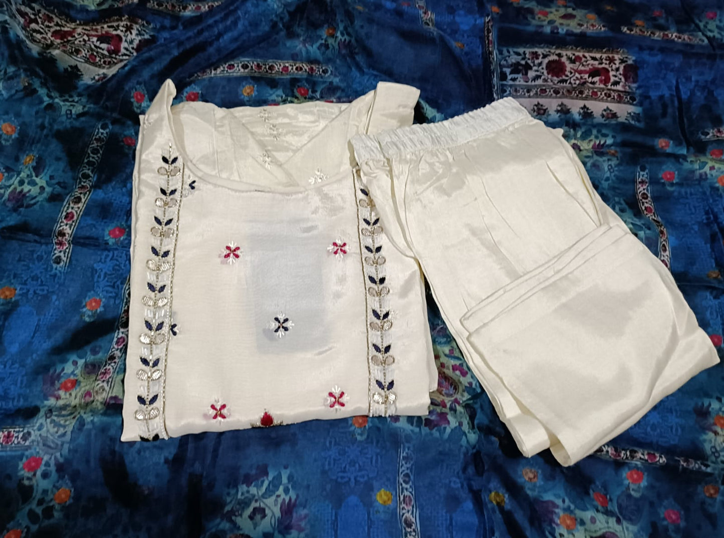Exquisite Off White Embroidered Silk Blend Kurta Pant and Rich Blue Dupatta