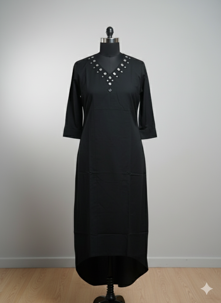 Elegant Mirror Work Cotton Flex Kurti Pant Set in Black Paired With Pink Silk Bandhani Dupatta