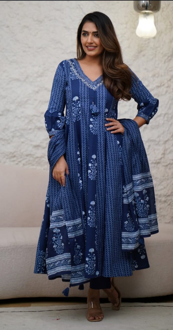 Beautiful Indigo Block Printed Cotton Anarkali Suit