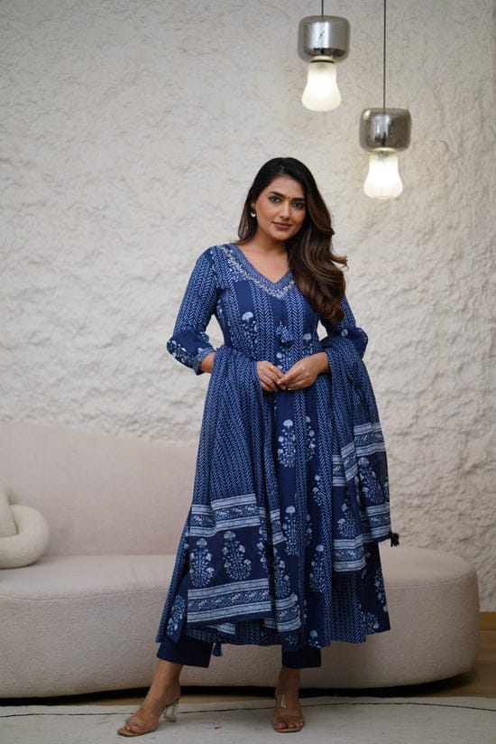 Beautiful Indigo Block Printed Cotton Anarkali Suit