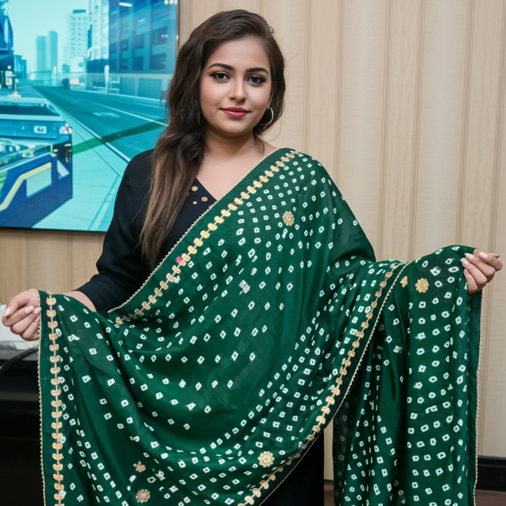 Elegant Mirror Work Cotton Flex Kurti Pant Set in Black Paired With Green Silk Bandhani Dupatta