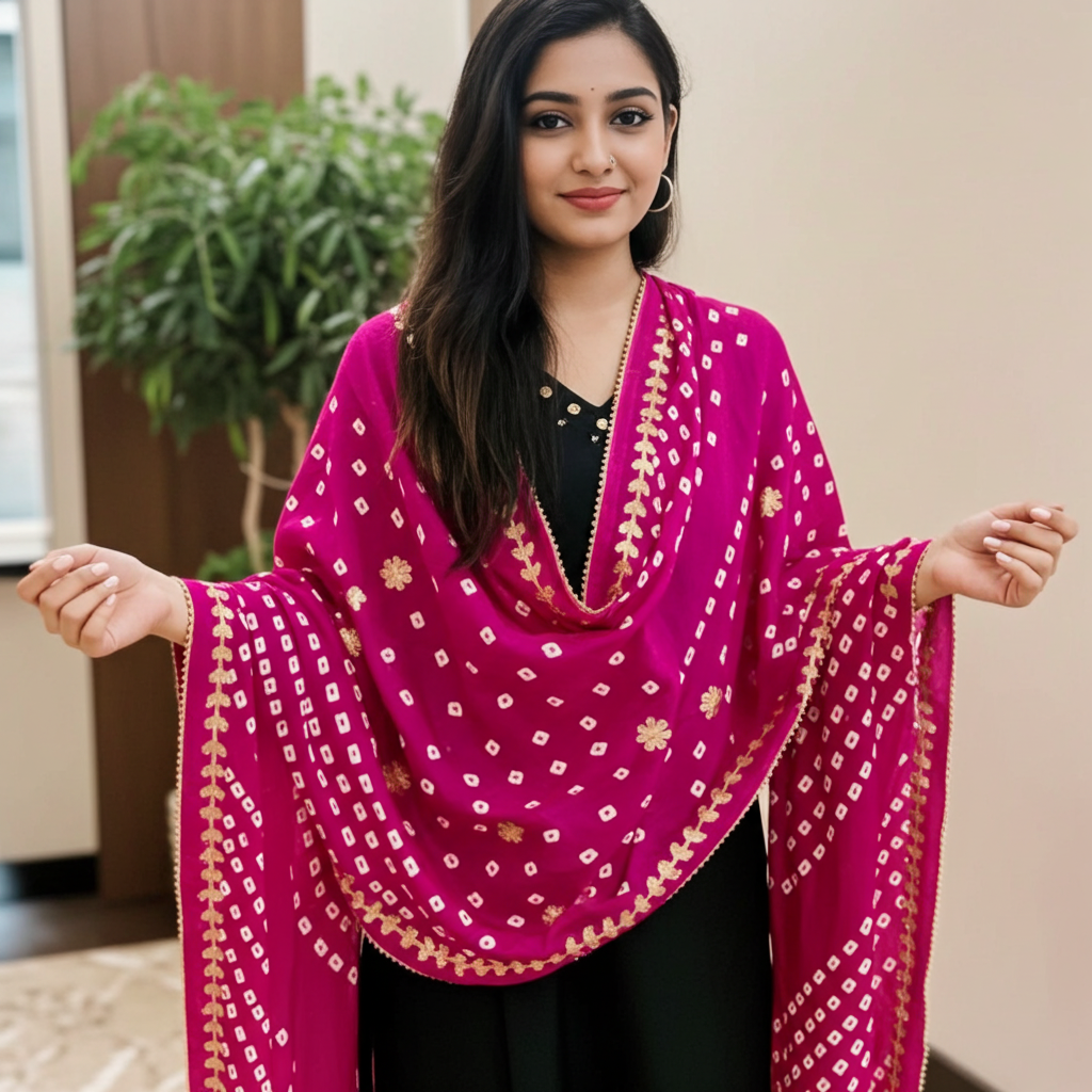 Elegant Mirror Work Cotton Flex Kurti Pant Set in Black Paired With Pink Silk Bandhani Dupatta