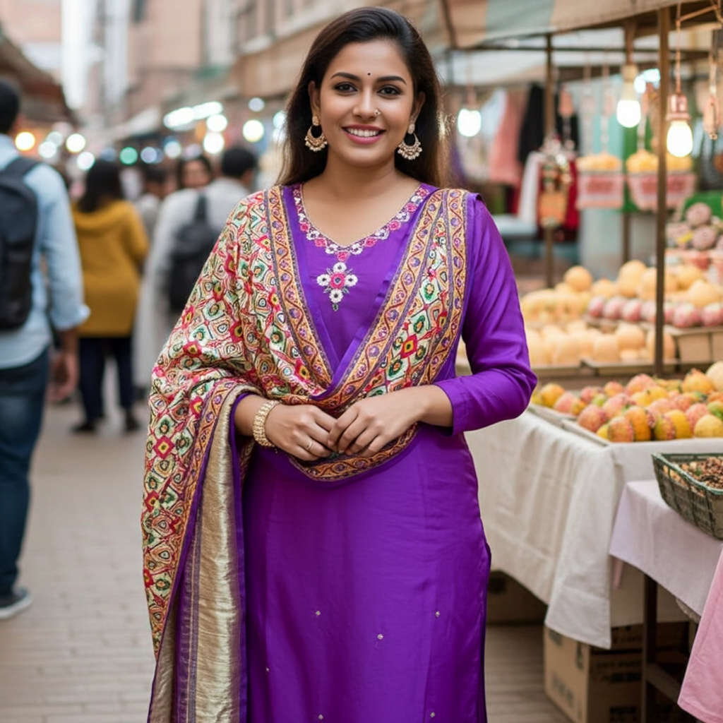 Stunning Purple Russian Silk Straight Suit along with Gajji Silk Dupatta