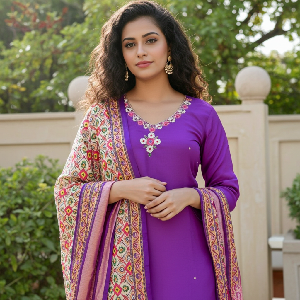 Stunning Purple Russian Silk Straight Suit along with Gajji Silk Dupatta